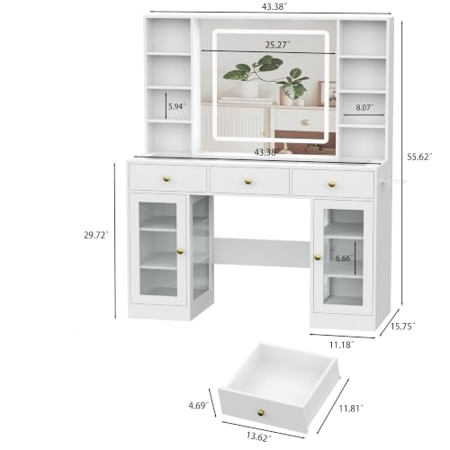 Image of White Vanity Desk with Mirror and Lights, Glass Top Vanity with Lighted Mirror & RGB Cabinet and 3 Drawers, Dressing Table with 8 Shelves, Makeup Desk with Lights for Girls Bedroom, 3 Color Modes