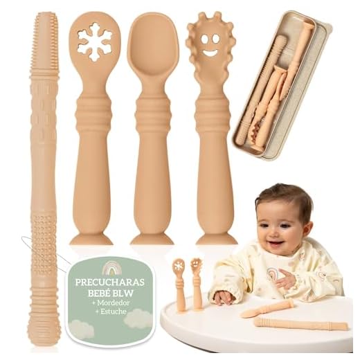 Bornealand Precucharas Bebe BLW Con Ventosa En La Base + Mordedor + Estuche, Incluye Cuchara Silicona Bebé, Cuchara Bebe Aprendizaje, Cubiertos Infantiles, Colheres Bebe (Crema)