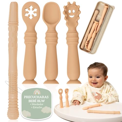 Bornealand Precucharas Bebe BLW Con Ventosa En La Base + Mordedor + Estuche, Incluye Cuchara Silicona Bebé, Cuchara Bebe Aprendizaje, Cubiertos Infantiles, Colheres Bebe (Crema)