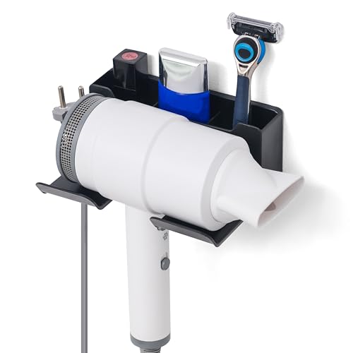 Soporte Secador de Pelo, Soporte para Secador de Pelo Adhesivo sin Taladro, Porta Secador de Pelo con 3 Compartimientos, Colgador Secador Pelo Pared, Soporte Secador Pelo y Plancha, Organizador Baño