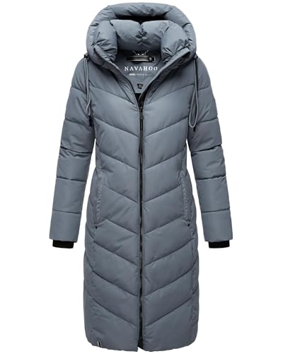 Navahoo Damen Wintermantel Warmer Langer Steppmantel mit Abnehmbarer Kapuze Sahnekatzii XIV Stormy Blue Gr. L
