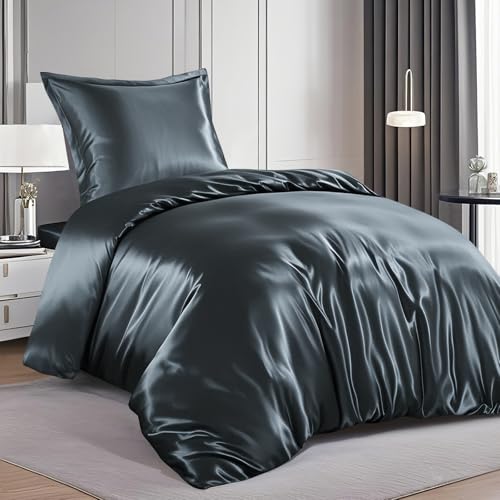 RUIKASI Satin Bettwäsche 135x200 Grau - Luxus Bettbezug mit Glanz wie Seiden Bettwäsche Set für Haar und Haut… – Ansicht 2