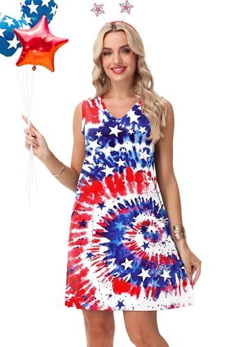 Image of Deerose Womens July 4th Sleeveless Dress American Flag Swim Cover Up Dress with Pockets