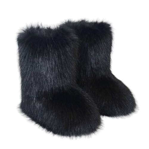 Women's Faux Fur Boots, Furry Fuzzy Mid Calf Snow Boots Y2k, Winter Warm Comfortable Fluffy Boots, Outdoor Indoor Flat Fur Shoes
