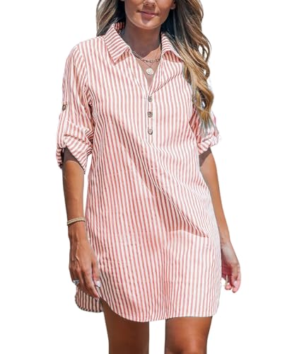 NLAND Vestido de Mujer de Manga Larga con Botones Casual Elegante Vestido de Camisa Mini Vestidos de Cuello V a Rayas，Rosa XL