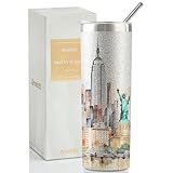 Onebttl New York City Skyline Gifts, NYC Gifts for NYC Lovers, Skyline Map 20oz Stainless Steel Tumblers with Lids and Straws, Perfect for Birthday & Christmas