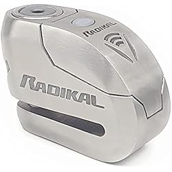 Candado De Alta Seguridad Con Alarma RADIKAL RK14S Candado Antirrobo Moto Disco Alarma 120 dB + Avisador Led, Alta Seguridad Homologado CLASSE SRA, Eje 14mm Doble Cierre, Inox, Made in EU, Acero Inoxidable