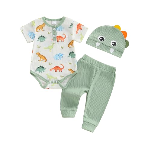 Vioyavo Baby Boy Outfits Infant Clothes Set Dinosaur Print Long Sleeve Romper Overalls Long Pants Cute Dinosaur Hat 3Piece Set (White, 3-6 Months)