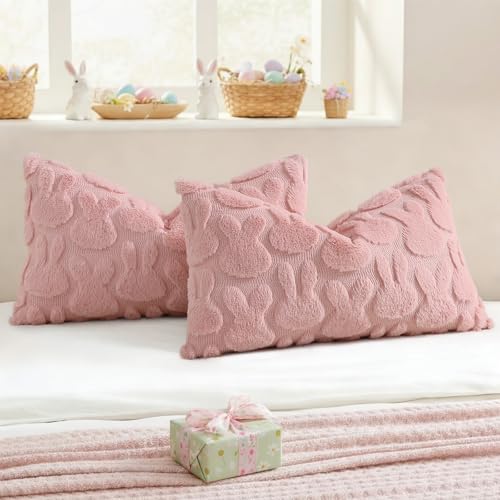 Image of decorUhome Easter Bunny Pillow Covers 12x20 Inch Set of 2, Soft Plush Faux Wool Jacquard Pink Rabbit Cushion Covers, Farmhouse Neutral Spring Easter Holiday Decor for Couch Sofa Bed