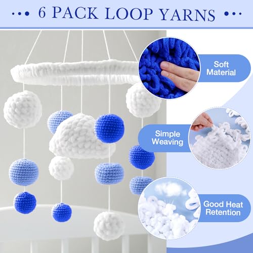 Image of Threlaco 6 Pack Finger Loops Yarn Bulk Soft Chunky Yarn 600 G / 6 Skeins for Mothers Day Beginners Knitting No Needles or Hooks(White, Light Blue, Dark Blue)