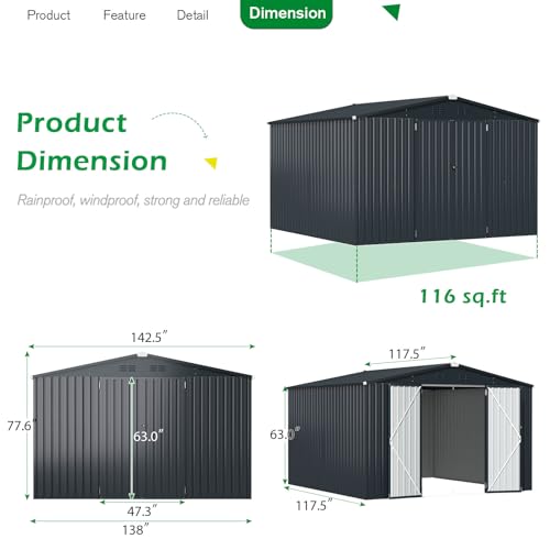 AECOJOY 10' x 12' Shed, Outdoor Storage Shed, Dark Grey Large 12x10 Sheds & Outdoor Storage Clearance with Lockable Doors, Utility and Tool Storage Garden Shed Backyard, Patio and Outside