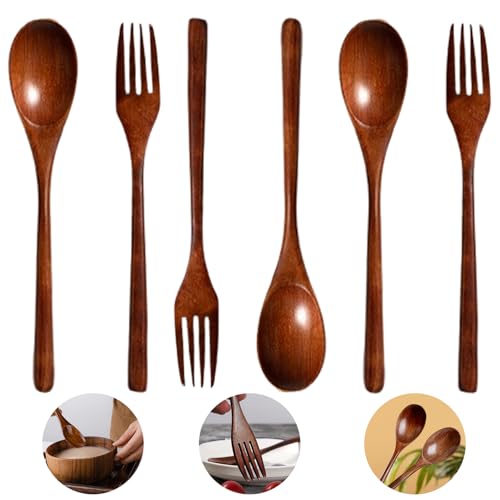 Set di 6 Cucchiaio e Forchetta In Legno Riutilizzabili, Posate Da Insalata Legno, Hachera