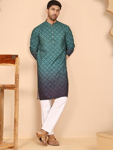 Image of Jompers Thread Work & Mequin Embellimhed Printed Kurta Met for Men (Teal Blue, M)