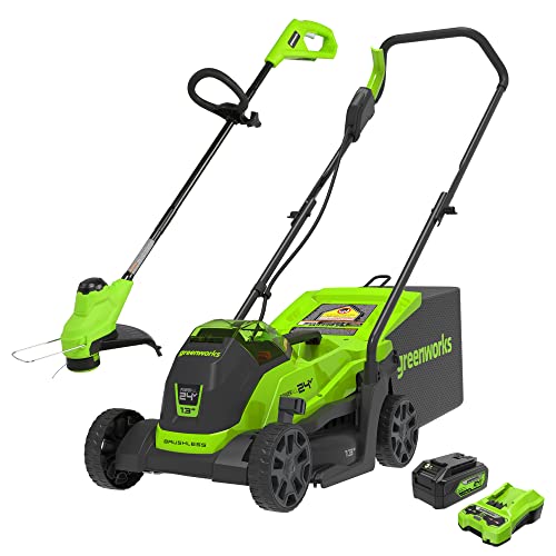 Greenworks 24V 13' Brushless Lawn Mower, String Trimmer, 4.0Ah USB Battery and Charger Included