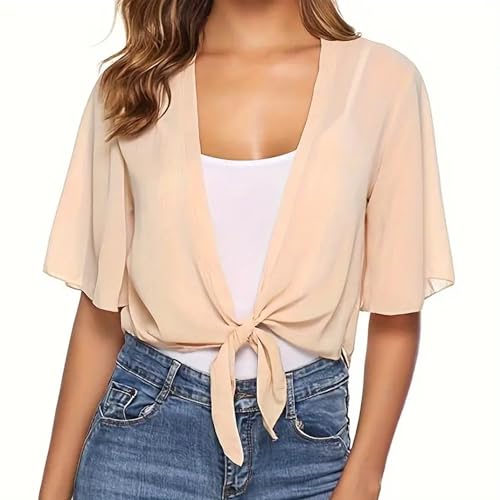 Image of Women's Chiffon Cropped Bolero Sheer Shrugs for Dress Short Sleeve Tie Front Cardigan