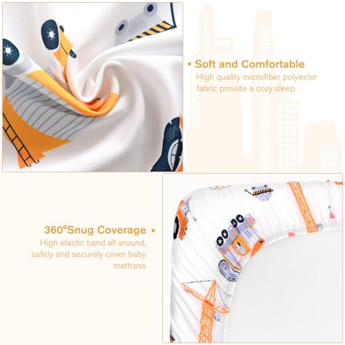 Image of JISEN Baby Crib Sheets Soft Breathable Fitted Crib Sheets for Standard Crib and Toddler Mattress Baby Bed Sheets for Crib for Boys Girls Neutral 52x28 Inch Construction Trucks