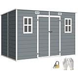 Outsunny 10 x 6 ft Plastic Garden Shed, Outdoor Storage Resin Shed with Floor, Double Windows, Lockable Doors and Vents, for Tools, Bike, Generator, Grey