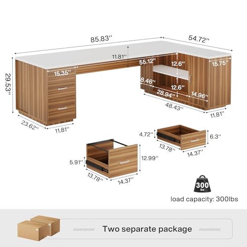 Tribesigns 85.8-Inch L-Shaped Executive Desk, Extra Large Modern Office Desk with File Drawers, Door Cabinet & Shelves, Commercial Office Table, Home Business Workstation, White & Brown