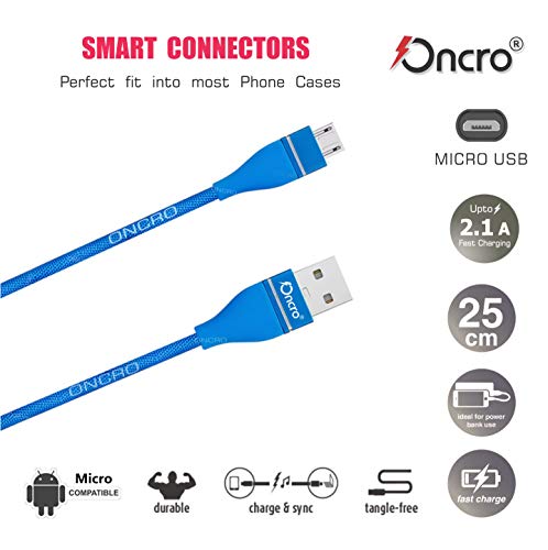 Image of Blue Indestructible Nylon Braided strong power bank cable for Micro USB Android smartphones, short small mini Round cable, charge & sync 2.4A max