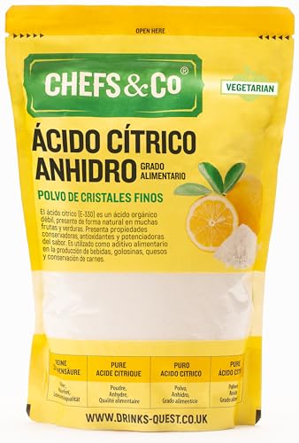 CHEFS & CO ÁCIDO CÍTRICO Puro Grado Alimenticio 1 Kg | Polvo de Ácido Cítrico | Conservante y Potenciador de Sabor para Carnes y Bebidas | Anhidro | Cristales Finos 100% Puros