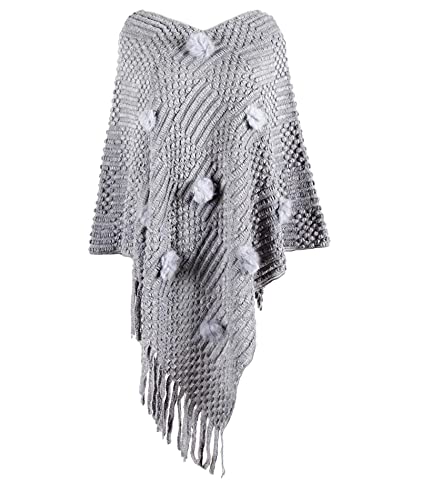 Image of xxxiticat Women's Tassel Poncho Scarf Batwing Sleeve Loose Fringe Hem Round Ball Cape Shawls Knitted Pullover Sweaters