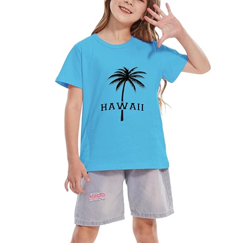 Image of Girls Hawaiian Print Beach T-Shirt Crew Neck Tops Summer Casual Short Sleeve Vacation Tees for Kids Teen 1-14 Years