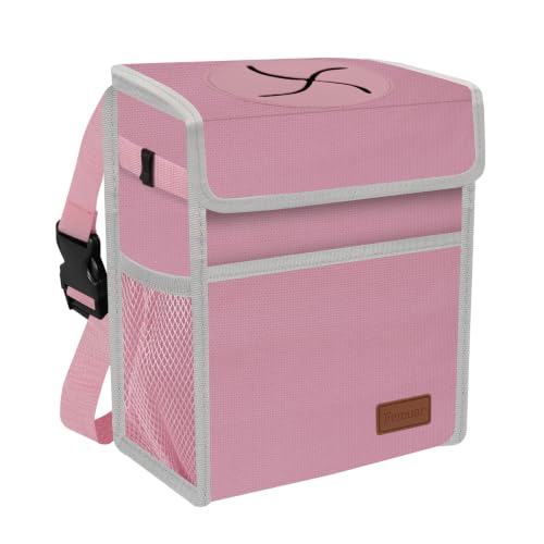 Image of Femuar Leak Proof Car Trash Can with Lid, Collapsible Hanging Waterproof Car Trash Bag with Mesh Pocket for SUV Front Seat Headrest, Light Pink