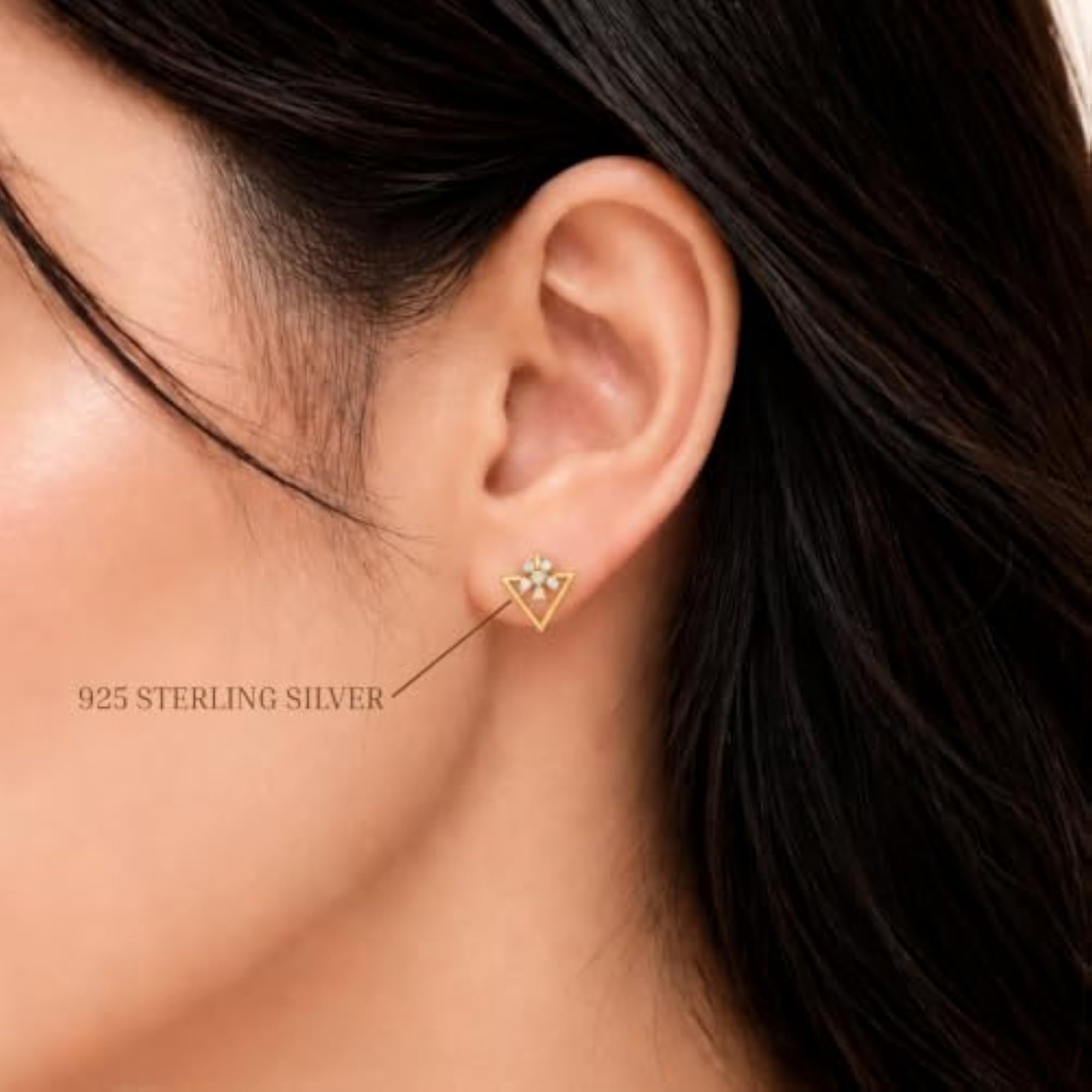 Women's 925 Sterling Silver Rhodium Plated Geometric Triangle Floral Stud Earrings
