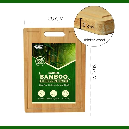 Image of Yellow Weaves Large Bamboo Wood Chopping Board (24 x 34 CM, 2.0 CM Thickness) Cutting Board with Juice Groove for Vegetables, Fruits, for Kitchen Use, Eco Friendly, BPA Free, Anti Microbial