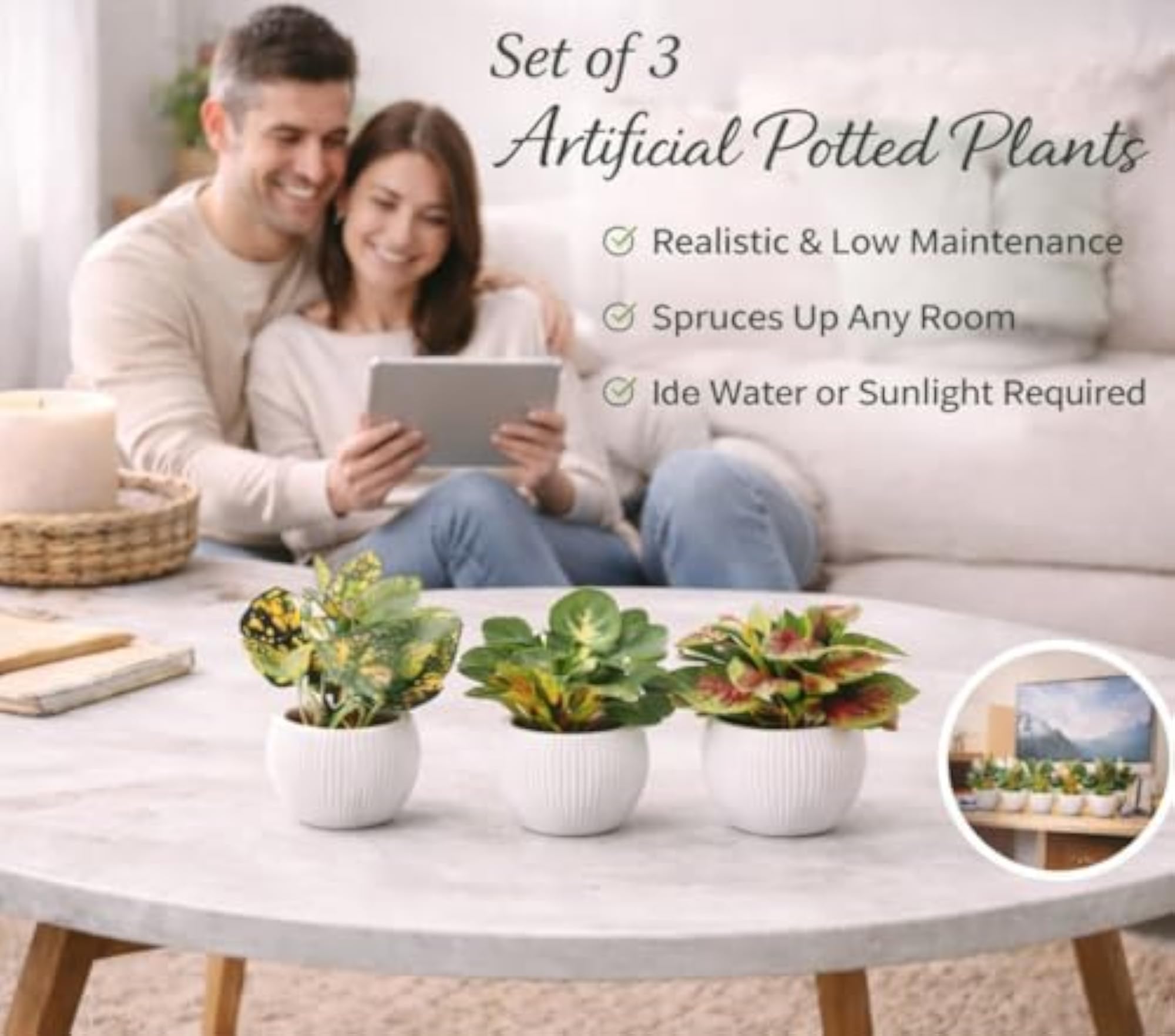 Artificial Potted Plants with Textured White Pots, Set of 3