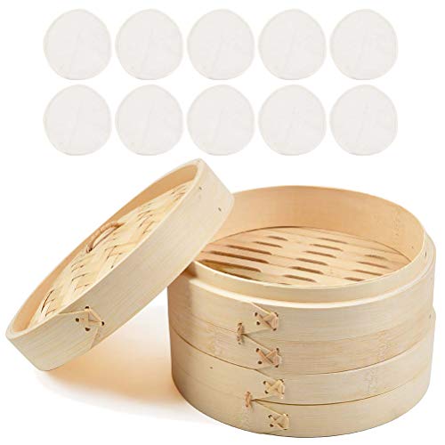 QLOUNI Bamboo Steamer 10 Inch, 2-Tier Baskets - Bamboo Steamer for Cooking Vegetables and Dumplings, Healthy Cooking for Rice, Chicken, Fish, Chinese Dim Sum, Bao Bun - Includes 10 Reusable Liners