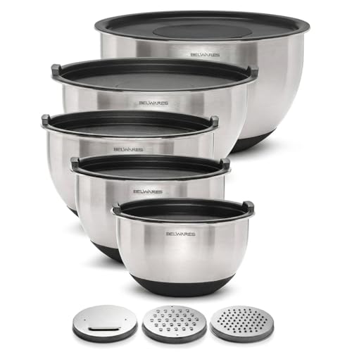 Mixing Bowls with Lids - 8pc Stainless Steel Set (Black) with Grater Attachments
