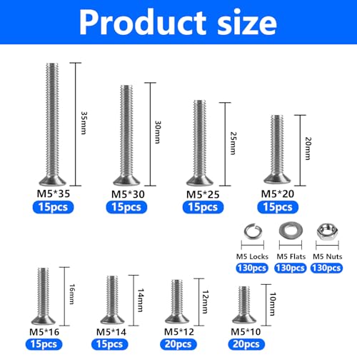 M5 Schrauben Set, 520 Stk Senkkopfschrauben und Muttern Set, Innensechskant Schrauben mit Muttern Set, Flachkopfschrauben Sechskantschrauben Senkkopf Gewindeschrauben Set und Unterlegscheiben Set (M5)
