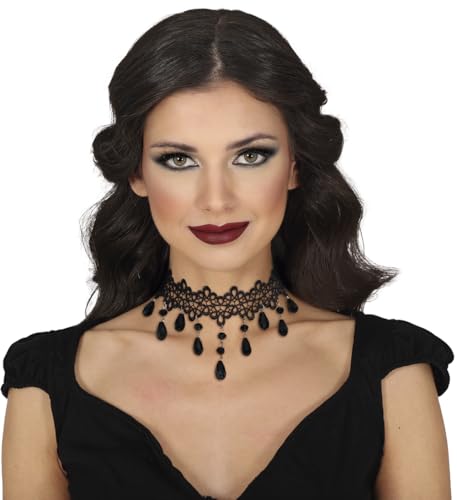 FIESTAS GUIRCA | Gargantilla Piedras Negras con Flores y Piedras - Accesorio de Joyería para Disfraz de Princesa, Marquesa y Halloween - Ideal para Mujer Adulta en Fiestas y Celebraciones - Negro