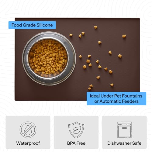 Image of GORILLA GRIP 100% Waterproof Raised Edge BPA Free Silicone Pet Feeding Mat, Dog Cat Food Mats Contain Spills Protects Floors, Placemats for Cats and Dogs Water Bowl, Pets Accessories 16x10, Brown