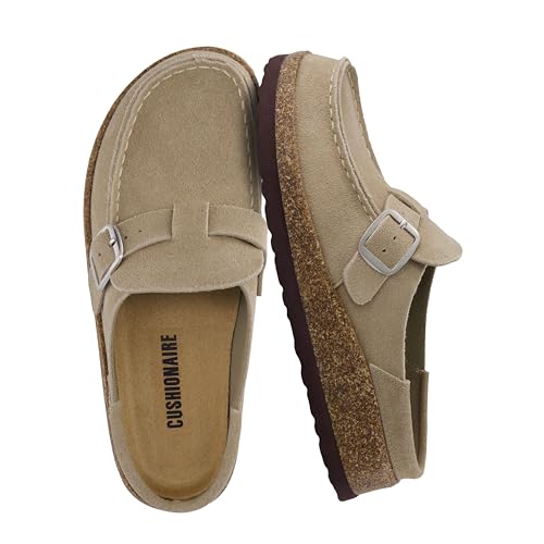 CUSHIONAIRE Hobby Genuine Leather Suede Mule Clogs for Women with Buckle Strap and Cork Footbed, Supportive All-Day Comfort in Womens Shoes, Taupe 10