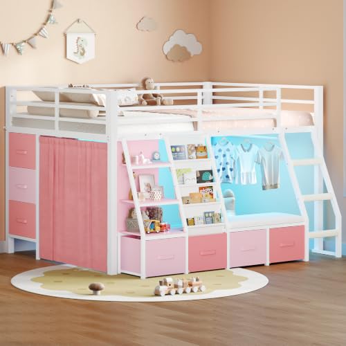 MSmask Low Loft Bed with 7 Storage Drawers & Reading Nook, Kids Full Loft Bed with Bookshelf, LED Lights & Safety Guardrail, Loft Bed Full Size with 35.8''H Play Space, Inclined Ladder, White & Pink