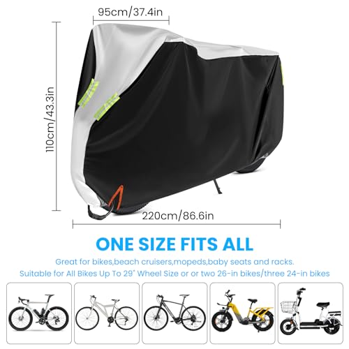 Bike Cover (with Lock & Storage Bag), Waterproof Outdoor Bicycle Cover, Heavy Duty Ripstop Oxford Fabric Snowproof Dustproof for Beach Cruiser Bicycle Highway Mountain E-Bike, (Black Patchwork Silver)