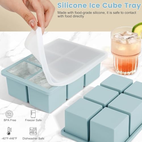 Image of Ice Cube Molds with Lid,Big Silicone Ice Cube Tray for Whiskey,2Inch Square Ice Cube Tray,Easy-Release Ice Mold,Giant Ice Cubes for Bourbon Cocktail (3, Green, Blue & Purple)