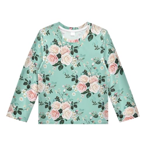 DOMIKING Rose Blossom Floral Aquamarine Boys Long Sleeve Rashguard Shirt Kids Quick Dry Swim Shirt for Beach Pool Sport 11-12T