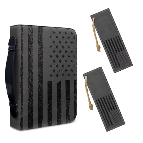 Lotusorchid Bible Cover Case with Bookmarks, American Flag Leather Bible Cover for Women Men, Portable Bible Carrying Case with Handle and Pocket, Waterproof Bible Accessories for Christian, M