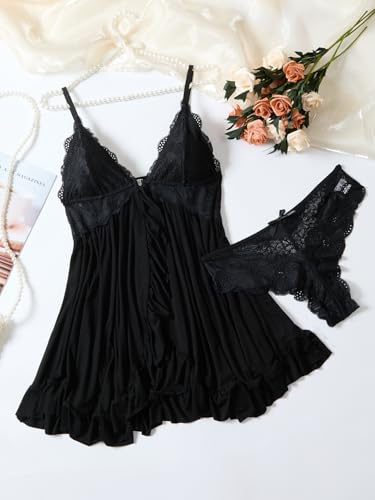 Image of Foxiny Sexy Open Front V Neck Ruffle Sheer Mesh Lace Wireless Babydoll Lingerie Dress with Thong 2 Piece