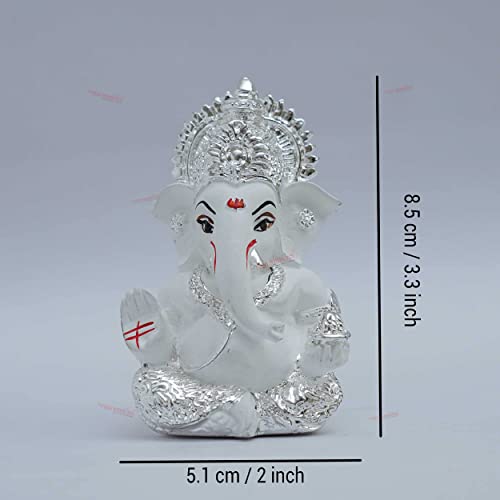 Tied Ribbons Ganesha Idol For Car Dashboard | Resin, 3.3 X 2 Inch | Hindu God Idol Figurine Silver Plated Baby Ganesha Statue For Home Decorations, Pooja, Mandir, Temple #TOP6