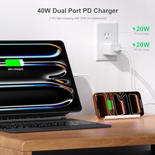 Image of USB C 20W Wall Charger, 2 Pack Dual Port 40W PD 3.0 Type C Fast Charging Block, Durable Portable Charger for iPhone 11 /12 /13 /14 /15 /16 Pro Max, iPad Pro, AirPods 4, for Apple Watch 10, Samsung Galaxy