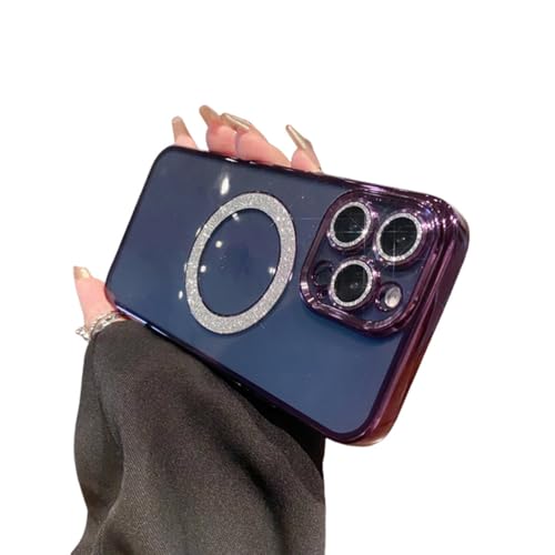 Coque 14 Pro Max magnétique paillettes luxe avec protection d'objectif chic violette