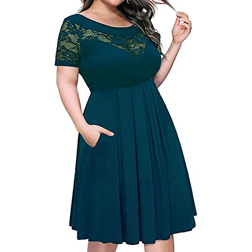 Image of Women's Plus Size Short Sleeve Lace Midi Dress Pleated Casual Summer Flowy Dress with Pockets