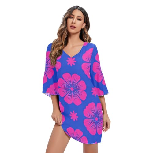 Robe d'été évasée en mousseline de soie col V anti-chaleur style floral bleu magenta
