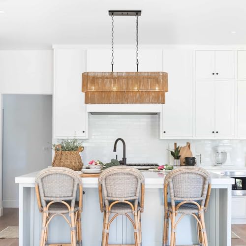 ELYCCUPA 42” Boho Chandelier Coastal 2 Layers Hand Woven Rattan Pendant Light Linear Large Island Light for Dining Room Kitchen Island Living Room, UL Listed by ELYCCUPA - Image 3