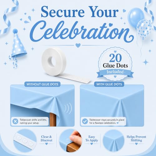 Image of Blue Orchards Light Blue Plastic Table Cover (Pack of 3 with 20 Glue dots) - 54 inch x 108 inch - Waterproof & Disposable Tablecloth Sky Blue Party Decoration for Baby Shower, Birhday Party Supplies, Wedding