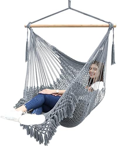 Chihee Hammock Chair Super Large Hanging Chair Soft-Spun Cotton Rope Weaving Chair, Hardwood Spreader Bar Wide Seat Lace Swing Chair Indoor Outdoor Garden Yard Theme Decoration